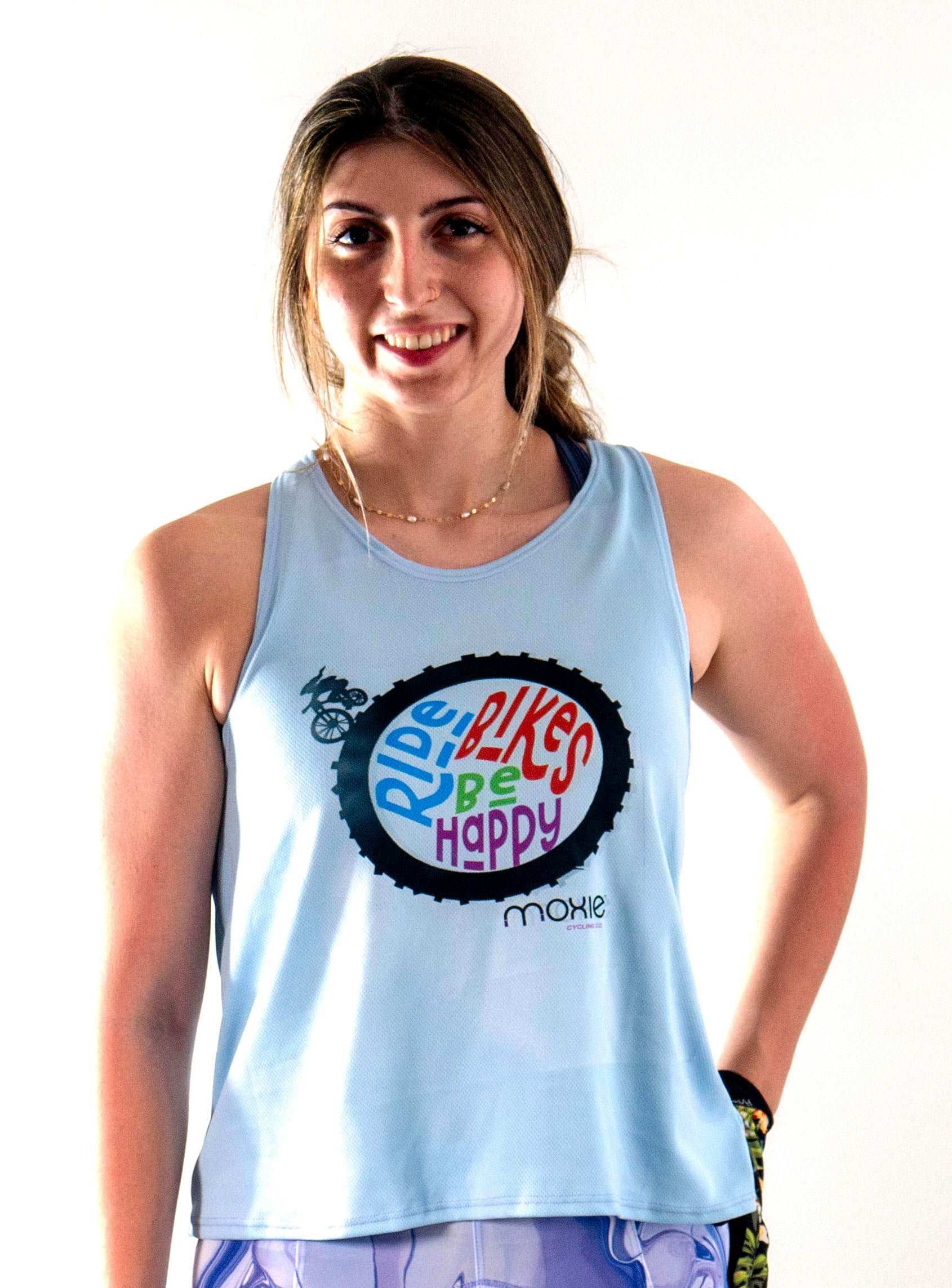 Light mesh "Ride Bikes Be Happy" tank in sky blue with colorful graphic.